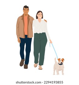 Couple walking with their dog.