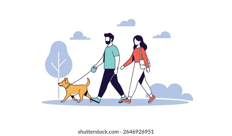 Couple Walking Their Dog in the Park on a Sunny Day Enjoying Outdoor Activity Together