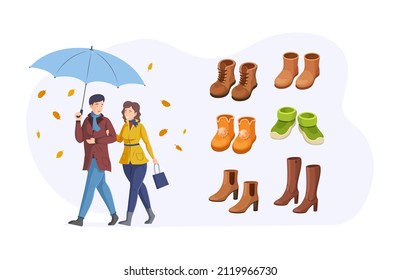 Couple walking together at autumn day under umbrella with warm trendy shoes set. Happy man and woman pair relaxing outdoor enjoying romantic date fall weather with positive emotion flat vector