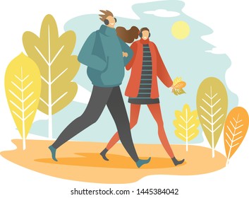 couple walking together in autumn park with yellow and orange trees 