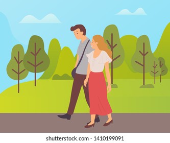 Couple walking together in green summer or spring park, cartoon characters. Vector guy with sack and blonde girl in long red skirt, dating man and woman