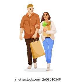 Couple walking together with grocery bags in casual outfits on white background. Vector illustration