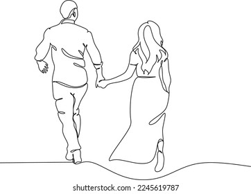 Couple walking together holding hands in continuous line art drawing style. Loving man and woman. Romantic date. Black linear sketch isolated on white background. Vector illustration

