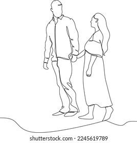 Couple walking together holding hands in continuous line art drawing style. Loving man and woman. Romantic date. Black linear sketch isolated on white background. Vector illustration
