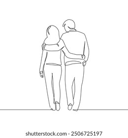 Couple Walking Together One Line Drawing. Line Art Couple Illustration. Minimalistic Black Lines Drawing. Continuous One Line Abstract Drawing. Modern Scandinavian Design. Vector EPS 10	