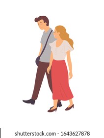 Couple walking together in pairs isolated cartoon characters. Vector guy with sack and blonde girl in long red skirt, dating man and woman on walk