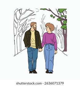 couple walking together in the park. Cartoon Style Illustration