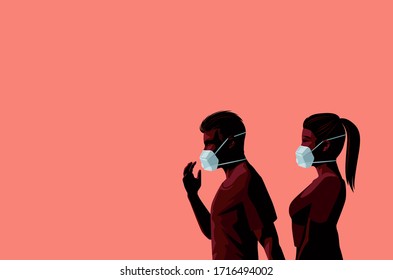 A couple walking together wearing protective face masks in a Covid-19 Coronavirus pandemic outbreak. Space for text and messages. Vector illustration