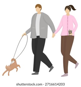 couple walking together while holding a dog on a leash, illustrating companionship, love, and a relaxed everyday lifestyle moment