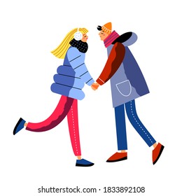 Couple walking together in winter. Happy Christmas holiday celebration vector illustration. Romantic couple standing, holding hands, ready to kiss at xmas on white background.