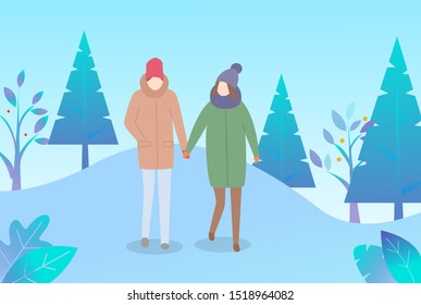 Couple walking together in winter snowy vector park. People holding hands outdoor in cold weather. Man and woman on romantic date. Person stroll with friend in warm clothes like hat and overcoat