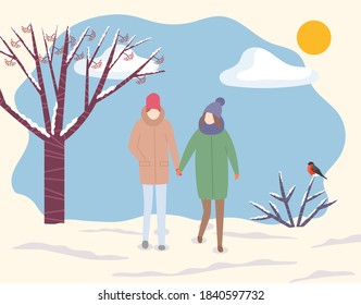 Couple walking together in winter snowy vector park. People holding hands outdoor in cold weather. Man and woman on romantic date. Person stroll with friend in warm clothes like hat and overcoat