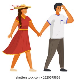 Couple walking together. Young guy and girl wearing a light dress and a straw hat holding hands walking outdoor isolated on white background. Friends man and woman meeting on a date sunny day