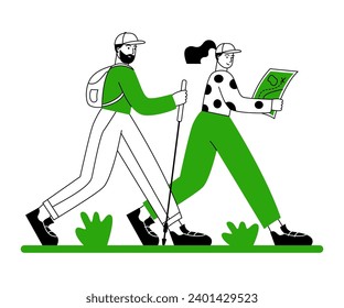 Couple walking with trekking poles, backpack and map. Young people traveling together. Adventure, trekking, healthy lifestyle, tourists walking route outdoor. Linear flat people vector illustration