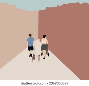 Couple walking with two dog on city street. Woman and man are having fun outdoors with their Pet. morning walk together