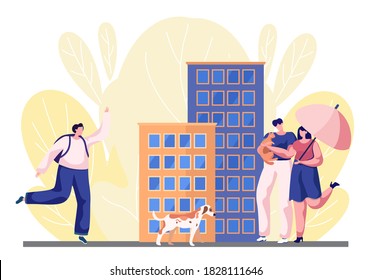 Couple walking with umbrella with cat holding it. Woman runs and waves hand to sad street dog. Ginger cat looks at happy owners. People with kitten and puppy together outdoor vector illustration