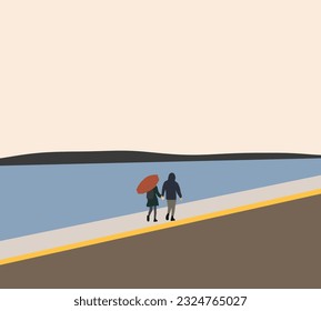 Couple walking with umbrella near river during holiday vacation. Delight enjoying leisure together. Love story outdoors