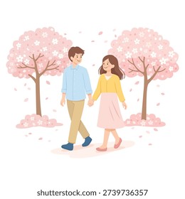 Couple Walking Under Cherry Blossom Trees – Spring Love and Romantic Sakura Season Illustration