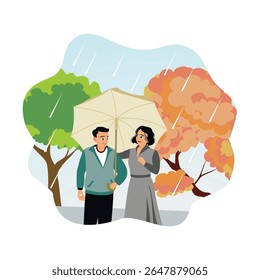 Casal andando debaixo de guarda-chuva na chuva. Feliz homem e mulher caminhando, falando na cidade em tempo chuvoso.