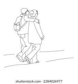 Couple walking. Wearing warm jackets, hat, glasses, backpack with bottle of water. Side view. Vector illustraton in line art style.