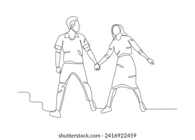 A couple walking while holding hands. Couple one-line drawing