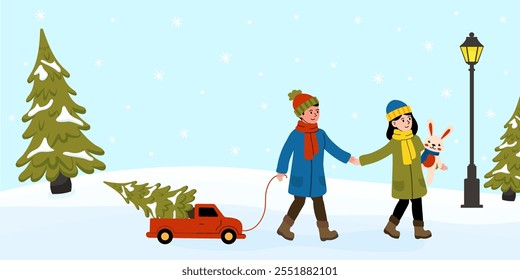 Couple walking in winter carrying a Christmas tree and a rabbit toy