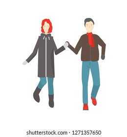 Couple walking in winter clothes.Vector illustration