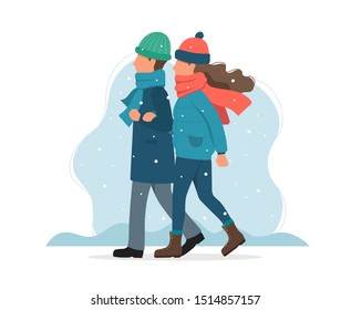 Couple walking in winter. Cute vector illustration in flat style