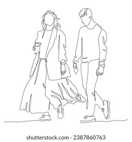 Couple walking. Woman holding coffee or tea, man holding phone. Continuous line drawing. Black and white vector illustration in line art style.