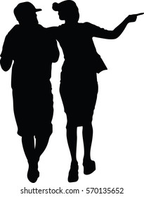 Couple walking with woman Point Finger to Empty Copy Space, Embracing Smile Dream Flat Vector Illustration