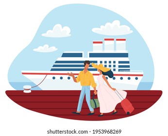 Couple walking in wooden pier passing big passenger ship. Man and woman with luggages getting ready for boarding. Male and female spending summer vacation on cruise liner. Vector in flat style