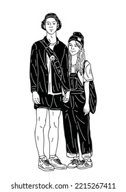 A couple walking Young people lovers lifestyle Hand drawn line art Illustration