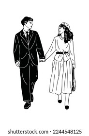 A couple walking Young people lovers lifestyle Hand drawn line art Illustration