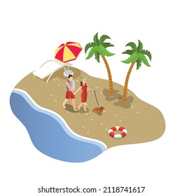 Couple walks the dog on beach isometric 3d vector illustration concept banner, website, landing page, ads, flyer template