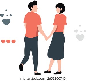 La pareja camina hacia adelante de la mano.