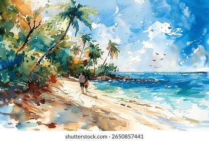 A couple walks hand in hand along Ocean Beach, enjoying the warm sun and gentle waves. Lush palm trees sway nearby as vibrant colors fill the scene, creating a serene atmosphere at sunset