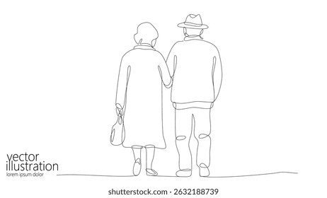 Couple walks hand in hand line art. Continuous drawing elderly spouses walking together minimalist artwork. Seniors retirement family love connection concept. Black outline white background vector