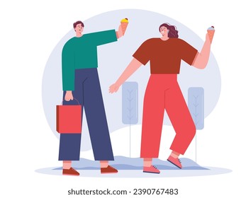 A couple walks happily eating an ice cream cone, with the man carrying his girlfriend shopping bag. Character design. Vector flat illustration