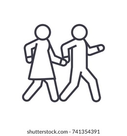 couple walks holding hands together linear icon, sign, symbol, vector on isolated background