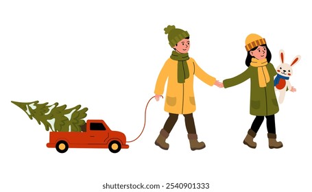 Couple walks together while pulling a truck with a Christmas tree on a winter day