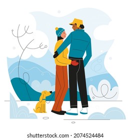 Couple Walks Winter Park. Snowy Cold Weather, Family Walking With Dog, People In Love Stands And Hugs, Frosty Landscape, Man And Woman In Warm Clothes, Vector Cartoon Flat Isolated Concept