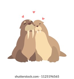 Couple of walruses in love embracing each other, two happy  aniimals hugging with hearts over their head vector Illustration on a white background