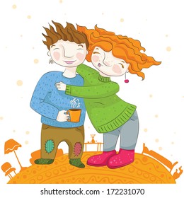 Couple in warm clothes, with hot tea mug, happy together. 