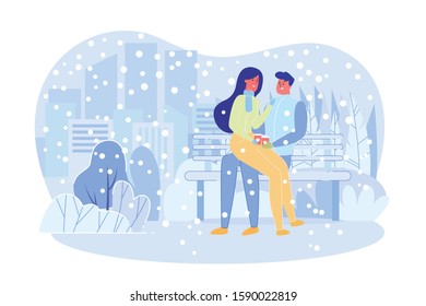 Couple in Warm Clothes Sitting on Bench in Park Flat Cartoon Vector Illustration. Winter Day with Falling Snow. Woman and Man Drinking Takeaway Coffee in Paper Cups. Love Relationships.
