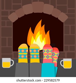 Couple in warm socks relaxing near fireplace on winter evening, vector illustration 