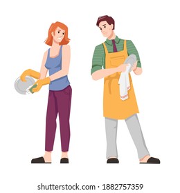 Couple Wash And Dry Dishes, Flat Cartoon People. Vector Man In Apron And Woman Doing Household Chores Together, Husband And Wife At Housework, Housekeeping And Spending Time Together