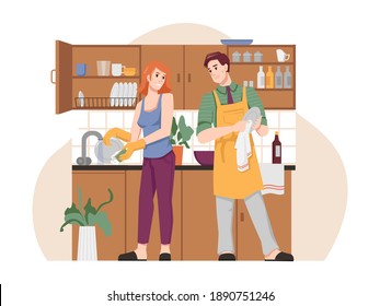 Couple wash and dry dishes in kitchen, flat cartoon people. Vector man in apron and woman doing household chores together, husband and wife at housework, housekeeping and spending time together