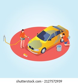 Couple washing car isometric 3d vector concept for banner, website, illustration, landing page, flyer, etc.