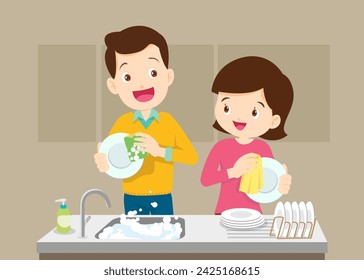Couple Washing dishes. Husband and Wife washing dishes at home