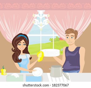 couple washing dishes in the kitchen 